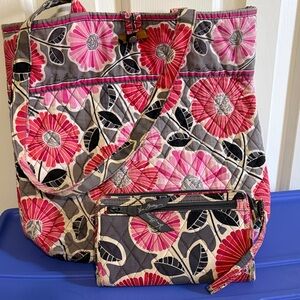 Vera Bradley Pink & Gray Floral Quilted Tote with Matching Wristlet